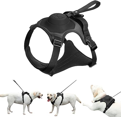 AMORONE Hundegeschirr (XL, Schwarz) mit einziehbarer Leine, verstellbar, für große Hunde, explosionsgeschützte Schlagfunktion, kein Ziehen & kein Würgen