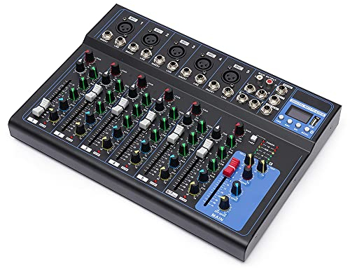 Begoniape 7 Kanal Audio Mixer, 48V USB Bluetooth Mischpult Mischkonsole, Kompatibel Verschiedenen Geräten Equalizer mit Mikrofonverstärker Stereo Dj Audio Interface