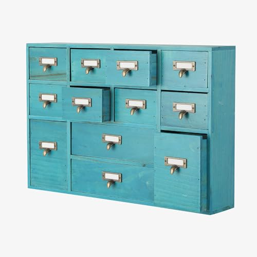 PACKGILO Apothekerschrank mit 12 Schubladen, Apothekerschubladen, Bibliothekskartenkatalogschrank, Medizinschränke, Holz, Schreibtisch-Organizer, Aufbewahrungsbox aus Holz (blau)