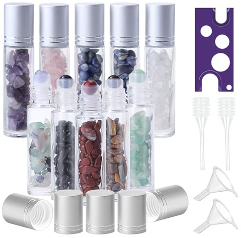 BYZESTY Roll On Botellas de cristal para aceites esenciales, 10 unidades, 10 ml, Rollon Botellas para aceites con gemas naturales, recipientes rellenables para aceites esenciales Perfumes