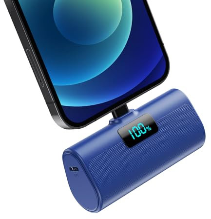 HETP Mini Power Bank 5200mAh, 20W PD Fast Charging Portable Charger, LCD Display Battery Pack, Ultra-Compact Powerbank Compatible with iPhone 14/14 Pro Max/13/13 Pro Max/12/11/XR/X/8, etc Blue