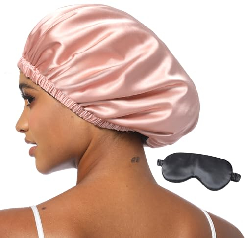 Hat Hut Seidenhaube Satin Bonnet Satin Schlafhaube Einstellbare Seidenmütze Doppellagig Silk Schlafmütze für Damen (Rosa/Schwarz)