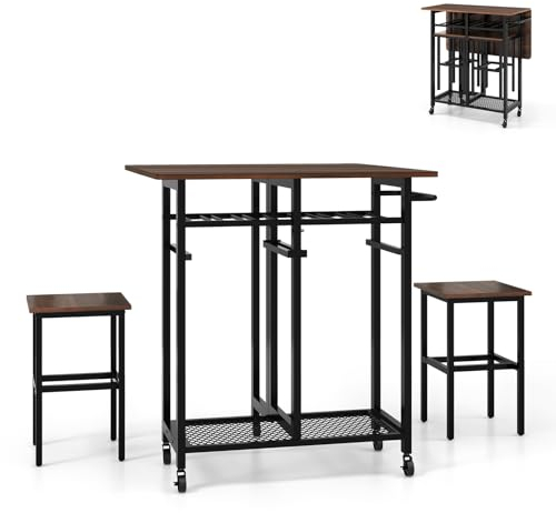 RELAX4LIFE 3-teiliges Esstisch Set Klappbar, Bartisch auf Rollen, Küchentisch mit 2 Hockern, Esszimmertisch mit 6 Flaschen Weinregal & Ablagen & Schiebegriff, Essgruppe für 2 Personen(Braun+Schwarz)