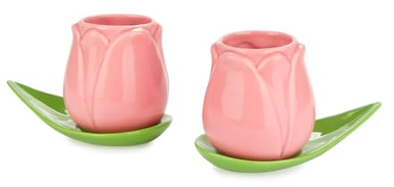 Balvi Set Tazas café Tulip Color Rosa/Verde 2 Tazas con Forma de tulipán y 2 Platos con Forma de Hoja