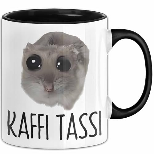 Sad Hamster Meme Lustige Tasse Hamsti Trauriger Hamster Büro Kaffee-Becher Kaffi Tassi (Schwarz)