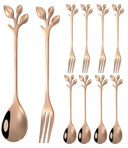 (10 Pieces) Creative Leaves Stainless Steel Silverware Spoon Fork Set Coffee Stir Honey Spoon Fruit Dessert Cake Spoon Fork (Rose Gold)