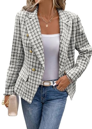 Mina Self 2025 Women's Spring Tweed Blazer Plaid Fashion Slim Fully-Lined Double-Breasted Casual Work Jacket with Pockets, Black, L