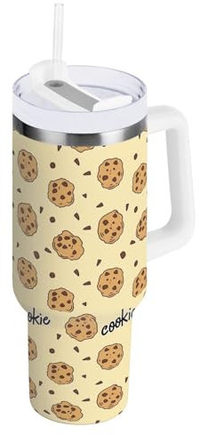 Gobelet de voyage isotherme réutilisable en acier inoxydable avec poignée et paille, motif biscuits au chocolat, 1200 ml