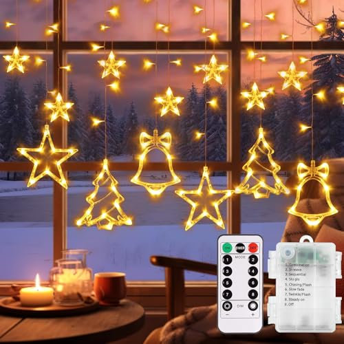 echosari Window Ramadan Lights Battery Operated, 3.5M Curtain Lights with Remote Timer 138 LED Hanging String Lights for Wedding Party Garden Bedroom Ramadan Decor