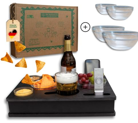 PEGSEN ALL IN ONE Couchbox mit 4 Glasschalen | Couchbar Snackbox personalisiert | Snackbar für die Couch | Couch Tablett mit Getränkehalter | Sofabar | Couch Butler für Kaffeetassen und Weingläser