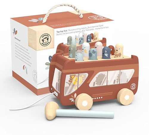 Speedy Monkey 691017 Bus-Hammerbank, motorisches Holzspielzeug zum Nachziehen, für Kinder ab 2 Jahre, 20x14 cm