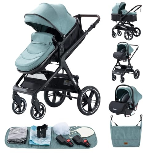 GLOKID Kinderwagen 3 in 1,Reisesysteme, Babywanne Buggy,Voll-Gummireifen,Mit Einem Klick Zusammenklappbarer, Rain cover Mosquito net, Mummy Bag（Grün）
