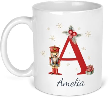 Personalised Christmas Mug with Initial & Name - Custom Festive Coffee & Hot Chocolate Mug - Perfect Xmas Gift for Christmas Eve Box, Secret Santa Present, Family, Friends, Kids, Mum, Dad (Nutcracker)