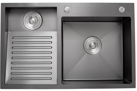Fregadero multiusos de acero inoxidable con tabla de lavar integrada – 70 cm – Fregadero doble hecho a mano para lavandería, garaje y taller – Superficie texturizada negra