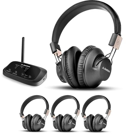 Avantree Quartet 2 - Bluetooth-Compatible Wireless Group Listening Headphones & Transmitter Set for Parties, Silent Discos, Church, TV - Multiple Rechargeable Headphones with Low Latency & Clear Sound