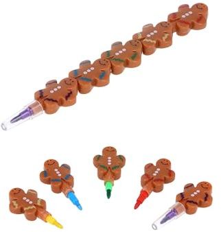 HENBRANDT Single Christmas Gingerbread Man Swap Point Crayon Stacker with 5 Crayons 13cm | 5” Swop Point Colour Stacker Kids Stationery Stocking Fillers Xmas Party Favours for Boys and Girls