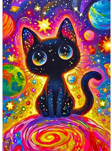 DPHERO 5D Chat Noir Diamond Painting Kits, DIY Dessin Animé Art du Diamant Painting Kit Complet, Planète Broderie Kits de Peinture sur Diamant Point de Croix Painting pour Adultes Débutants 30x40cm