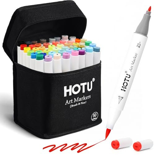 HOTU Marqueurs A Alcool 50 Couleurs,marqueurs À Croquis À Double Pointe (Brosse En Nylon Et Pointe Fine) Pour Adultes, Griffonnages Enfants, Animation, Le Coloriage Et Les Illustrations
