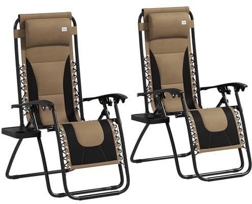 Outsunny Zero Gravity Lounger Chair Set of 2, Folding Reclining Patio Chair with Padded Seat, Cup Holder, Soft Cushion and Headrest for Poolside, Camping, Coffee