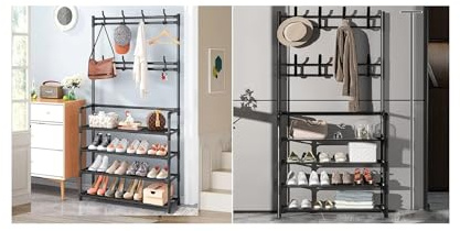 Mr.Gadget's Solutions Entryway Coat Rack,3-in-1 Hall Tree Multifunctional Storage Shelf with 4-Tier Shoe Rack and 8 Hooks,20-25 Pairs of Shoes,Easy Assembly,for Entrance Foyer Bedroom Barthroom-Black