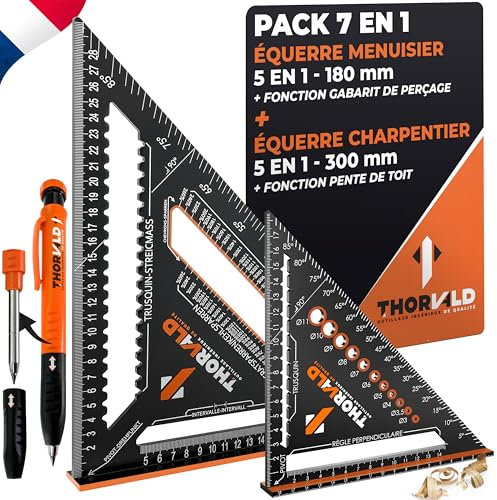 THORVALD Zimmermannswinkel 7-in-1 Set 300 mm + 180 mm Winkelmesser Anschlagwinkel - Inkl. Tieflochmarker - Aluminiumwinkel zum präzisen Anreißen & Zeichnen/Multifunktional Perfekt um Zeit zu sparen