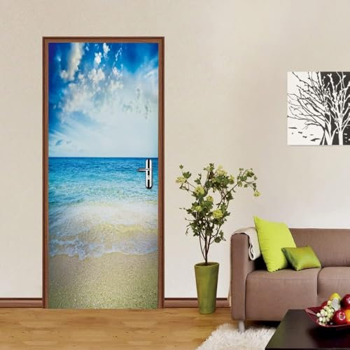 Sticker Porte Plage Vue Mer Papier Peint, Plage Vue Mer Autocollant Poster Auto-Adhésif, Chambre Salon Salle de Bain Affiche Art Décor Mural 3D Stickers Porte 86 x 200 cm q.3097
