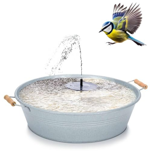 matches21 HOME & HOBBY Solarbrunnen Set für draußen - 50 cm Zink-Schale mit Holzgriffen als Garten-Brunnen Spring-Brunnen