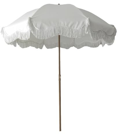 MRKU Sombrilla de Playa Blanca con Flecos, sombrilla de jardín Redonda inclinable, sombrilla de Patio Estilo Bohemio con borlas, sombrilla con protección UV para Picnic, Patio, Piscina y césped.
