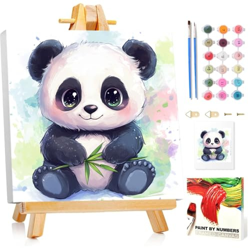 Panda Malen Nach Zahlen Kinder Mit Rahmen, Paint by Numbers für Kind, Cute Tier Ölgemälde Kinder ab 5 6 7 8 9 Jahre für Haus Dekoration 20x20cm (Mit Rahmen)