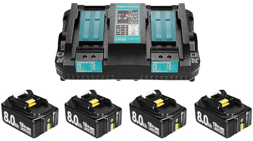 4 × 8000mAh Ersatzakku für Makita Akku 18V mit DC18RD Ladegerät Kompatibel mit BL1860B BL1850B BL1840B BL1830B BL1820B BL1815N Werkzeugakku