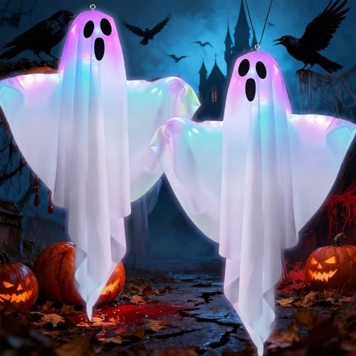 YeahBoom Halloween Deko Outdoor,2 Stück Halloween Deko Geist,Halloween Hängende Gespenster mit LED Lichtern,Hängende Geister Deko für Party Terrassentür Fenster Baum Veranda Haus Rasen Wand
