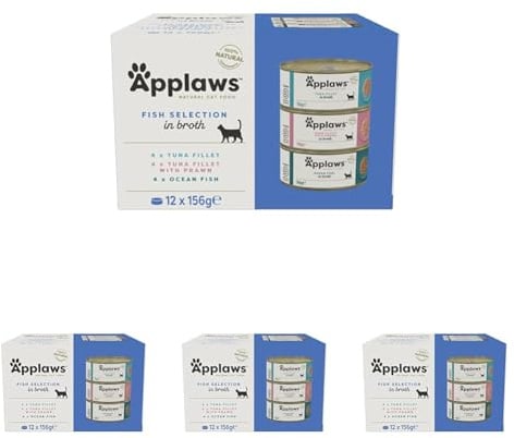 Applaws 100% Natural Wet Cat Food, Multipack Fish Selection in Broth 156 g Tin (Pack of 48)