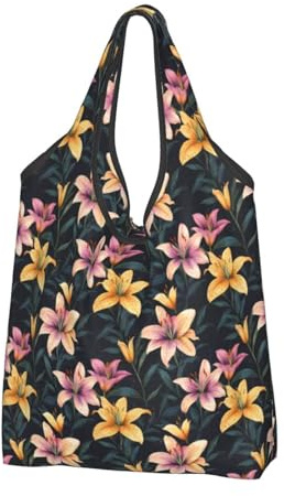 Bolsas de compras reutilizables con estampado de lirios coloridos – Bolsa de comestibles plegable con asas, Negro, 1 PCS