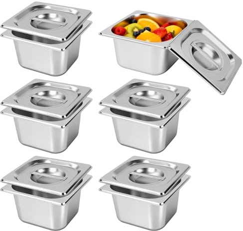 Contenedor GN 1/6, Juego de 6 Bandejas GN 1/6 de Acero Inoxidable | Recipientes Inox 10cm de Profundidad con Tapa, Contenedores Gastro Apilables,Cubetas para Baño María y Conservación Alimentos