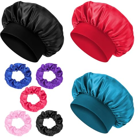 Wanmu 3 Stück Kinder Satin Schlafmütze mit 5 elastischen Haarband, Elastische Seidenhaube zum Schlafen Weiche Duschhaube für Jungen Mädchen Die Nacht Haare Haarpflege