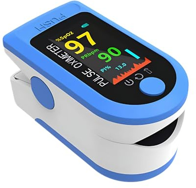 Pulse Oximeter, Pulsoximeter Fingeroximeter with Colour Display, Measure Oxygen Saturation (SpO₂), Heart Rate (Pulse), and Perfusion Index (PI), 2 * AAA Batteries Not Included