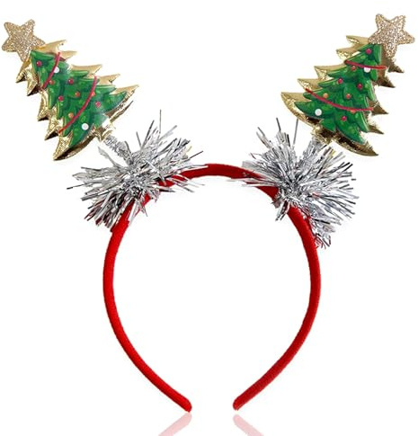 WIWUFUE Christmas Headband for Women, Fashion Green Christmas Tree Headband with Gold Edge & Silver Tassels, Xmas Party Headpiece Festival Holiday Photo Prop Hair Accessories (1PC)