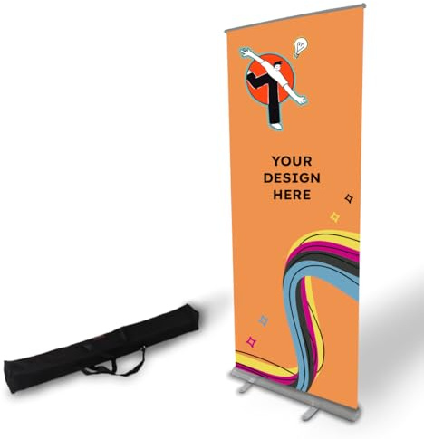 Copykrea Personalisiertes Roll-Up | Aufrollbarer Werbeaufsteller mit Aufdruck 85 x 200 cm | blickdichter Polypropylen-Vinyl mit silberfarbener Struktur + Tragetasche