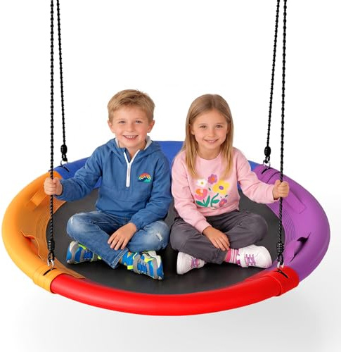 COSTWAY Balançoire Nid d'Oiseau Ø120cm avec Appui-tête Amovible | 4 Poignées, Cordes Réglables(100-180cm), Extérieur Intérieur, Charge 150kg, Balançoire Ronde pour Enfant et Adultes