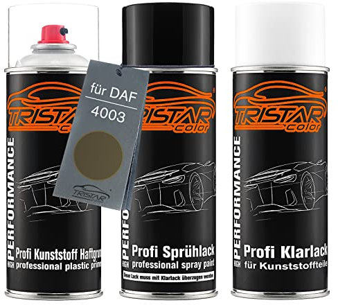 TRISTARcolor Autolack Spraydosen Set für Kunststoff Stoßstange für DAF 4003 Naafi Legergroen Haftgrund Basislack Klarlack mit Weichmacher Sprühdose
