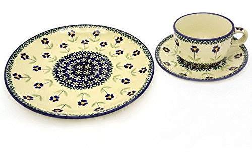 Bunzlauer Frühstücks-Gedeck Teller und Tasse mit Untertasse, Dekor Angelika (2 Stück, Keramik, weiß und hellblau, Frühstücksset)