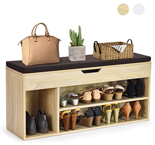 GIANTEX Schuhbank mit Sitzkissen, Schuhtruhe Sitzbank mit Stauraum, 3 Fächer, 2 Stufen, Schuhschrank aufklappbar mit Klappdeckel für Flur Wohnzimmer Schlafzimmer 104x30x48 cm (Natur)