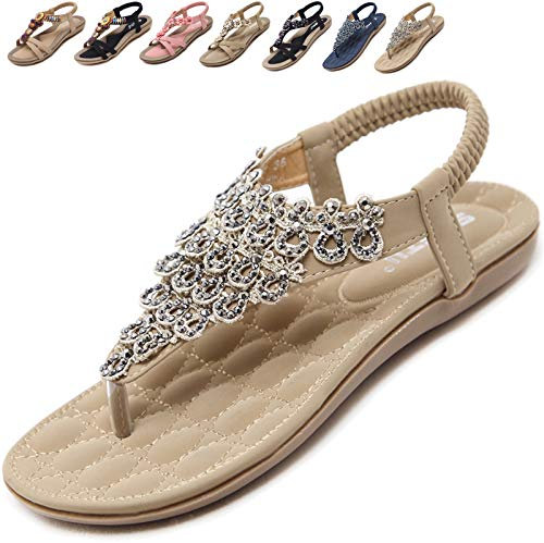 Acfoda Sandales Femme Été Confortable Plats Nu Pieds Cuir Tong de Plage Mode Claquettes Bout Ouvert avec Strass Talla Beige 41 = FabricantTaille 42