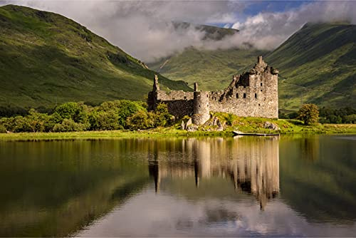 Muralo Selbstklebende Fototapete 360 x 240 Schloss Kilchurn Schottland Tapete Steinoptik Türme Mauer Architektur Wohnzimmer Schlafzimmer Wandbilder XXL Wand Br. 360 cm x Hö. 240 cm