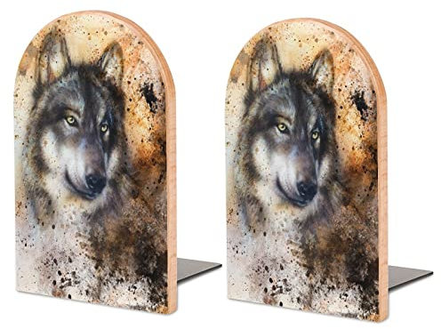 Serre-Livre Loup Aquarelle Cale Livre en Bois Porte-Étagère Décoratif pour Bureau École Et Maison