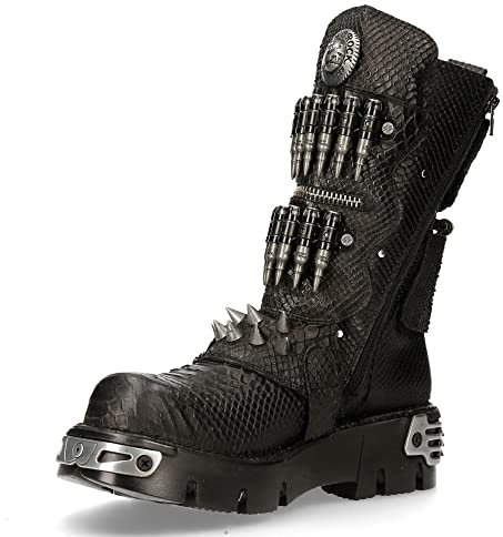 New Rock Stivali Pelle Pitone Pallottole Militare Spiedini Cerniera Nero Uomo Reattore Black Man Boots Leather Zip M.301-C2, Nero , 45 EU