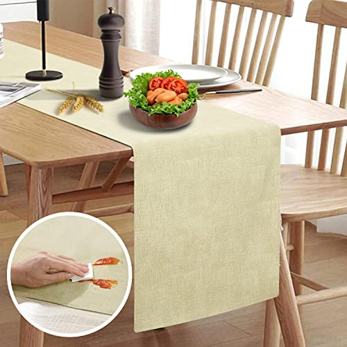 Rinpon Wasserdichter abwischbarer Tischläufer, Dicker Bauernhaus, Kommode Runner, Rustikaler Tischläufer für Küche Esszimmer, Wohnzimmer, Innen- und Außenbereich (183CM, Beige)