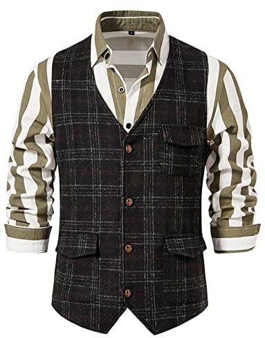 MakingDa Gilet à carreaux pour homme - Sans manches - Col en V - En tweed - Style décontracté - Avec poche, Noir , XXL