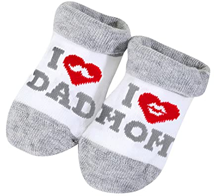 QZOSZ Baby Socken 0-3 Monate, Baumwolle Babysocken 0-3Monate Lustige Socken mit Spruch I Love You Dad & Mom Neugeborenen Babyparty Geschenke zur Geburt, Babygeschenke zur Geburt Junge Mädchen