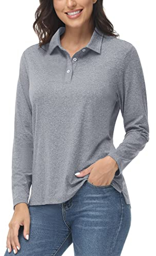KEFITEVD Golf Poloshirt Damen Langarm Polyester Oberteil Leicht Stretch Tshirt UV Sonnenschutz Shirt Schnell Trocken Outdoorshirt für Frühling Herbst Meliert Hellgrau XXL